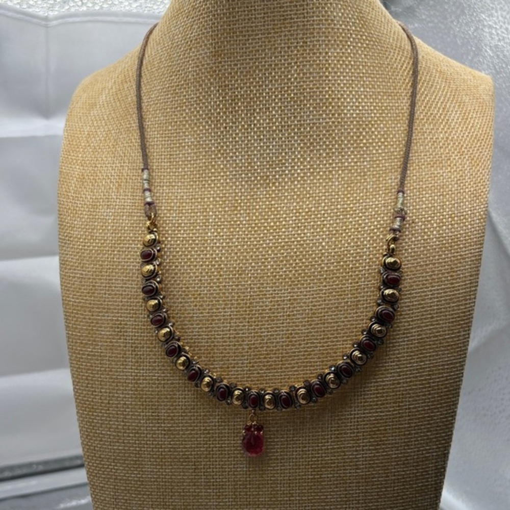 Gold Tone Necklace With Red Beads And Sparkly Crystals